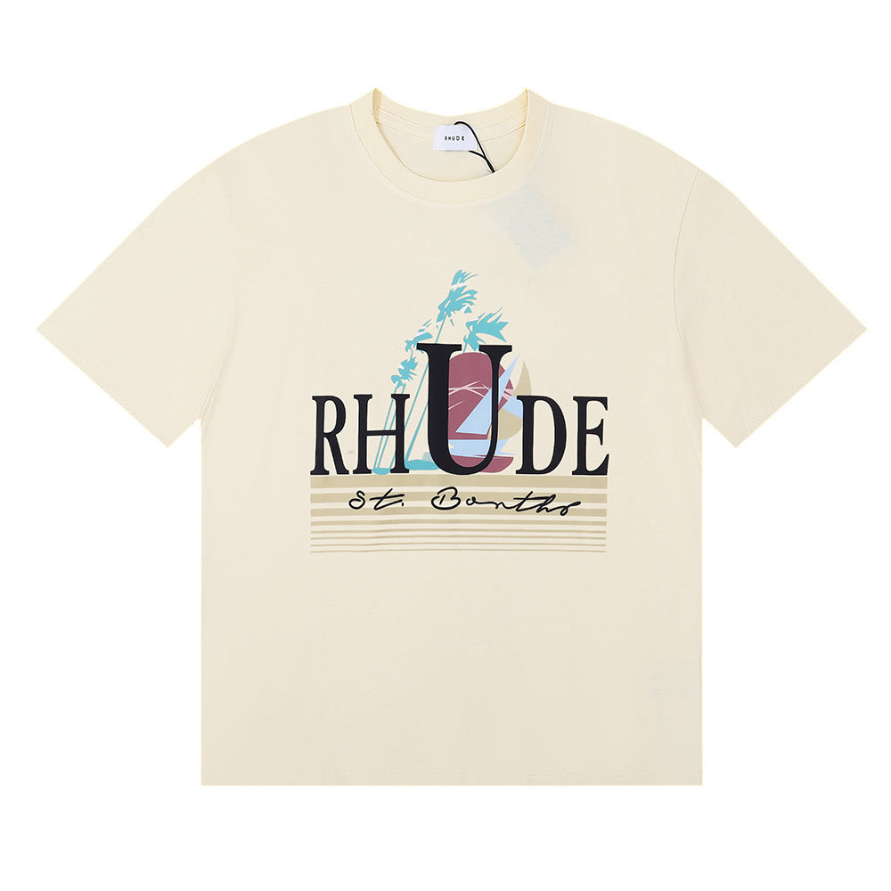 Rhude T-shirts Coconut Sunset Sailing Printing Cotton Casual Loose Short Sleeve Men and Women
