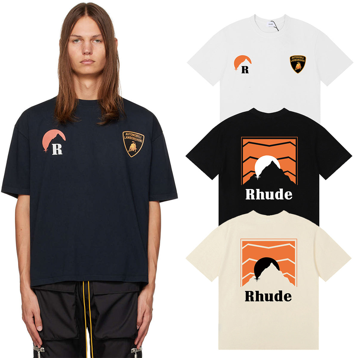 Rhude T-shirts Sunset Printing Cotton Casual Short Sleeve Men and Women