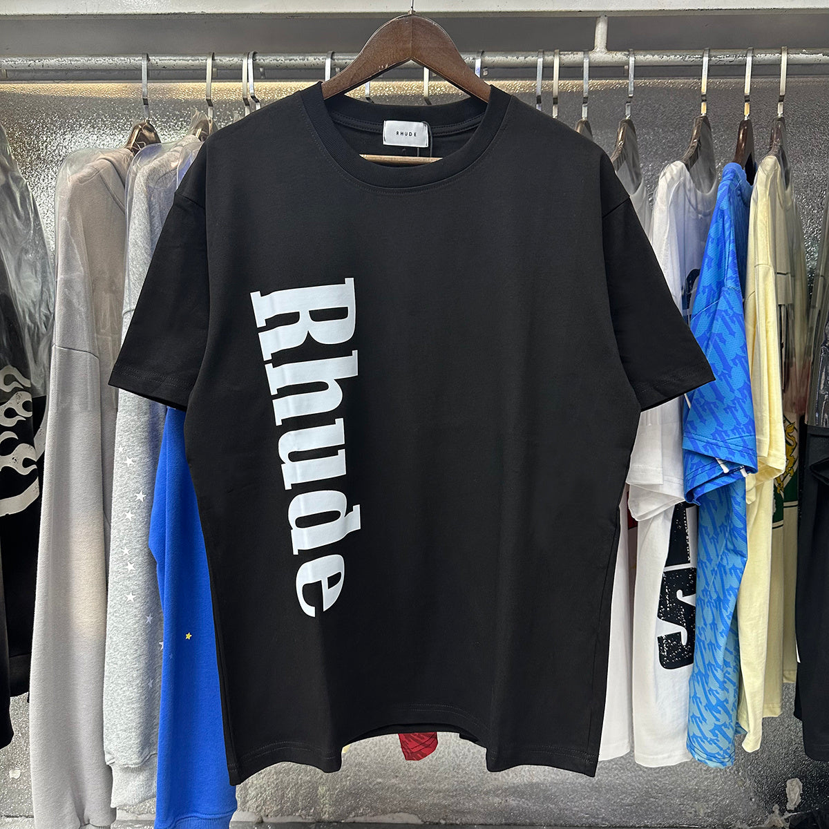 Rhude T-shirts Vertical Solid Color Printed Cotton Casual Short Sleeve Men and Women
