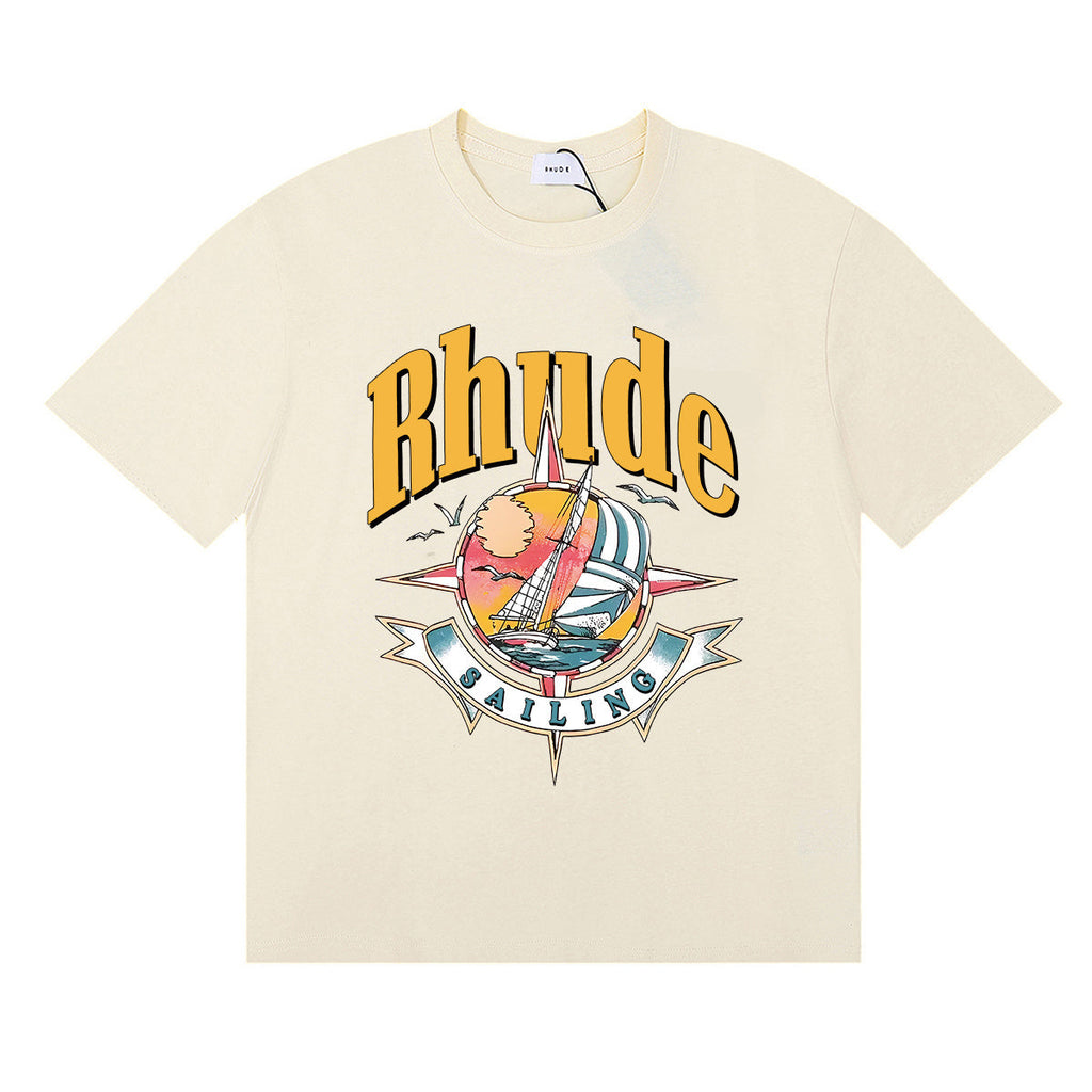 Rhude T-shirts Sailing Nautical Printing Cotton Casual Short Sleeves Men and Women