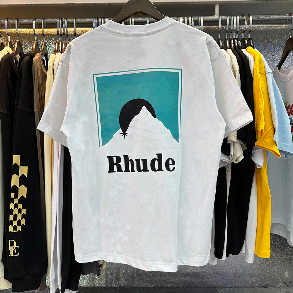 Rhude T-shirts Blue Sunset Print Cotton Casual Short Sleeve Men and Women