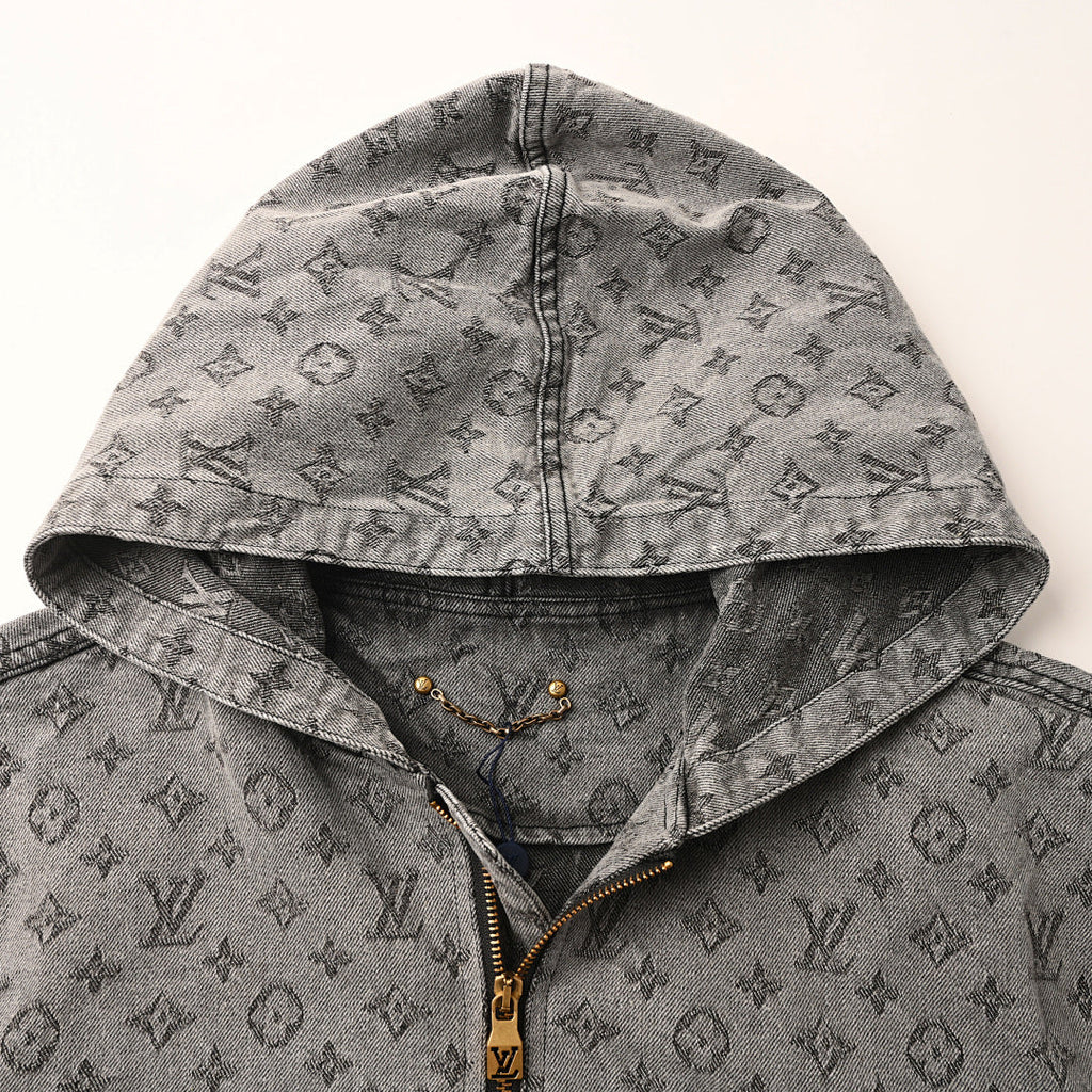 Louis Vuitton All-Over Monogram Jacquard Zip-Up Hooded Denim Jacket