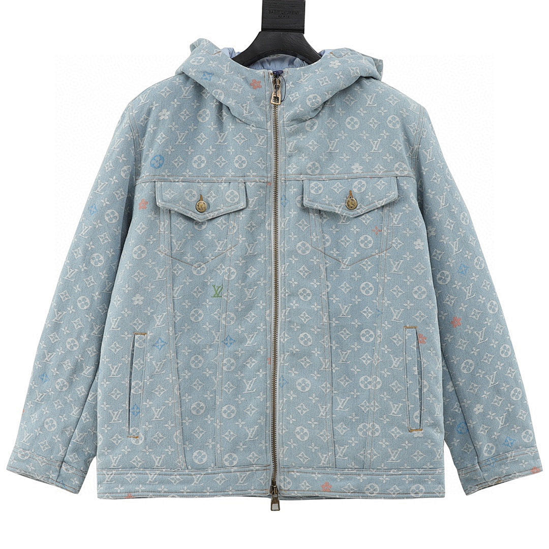 Louis Vuitton All-Over Jacquard Logo Washed & Distressed Cotton Hooded Jacket