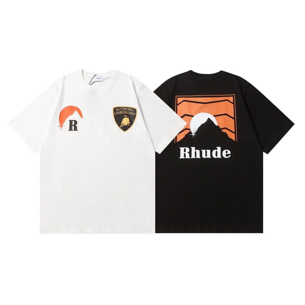 Rhude T-shirt Striped Sunset Snow Mountain Print Short Sleeve T-shirt