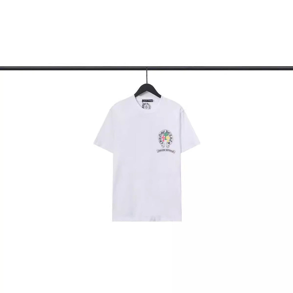 Chrome Heart T Shirts Crowe Scroll Heart Color Cross Print Crew Neck Short Sleeve