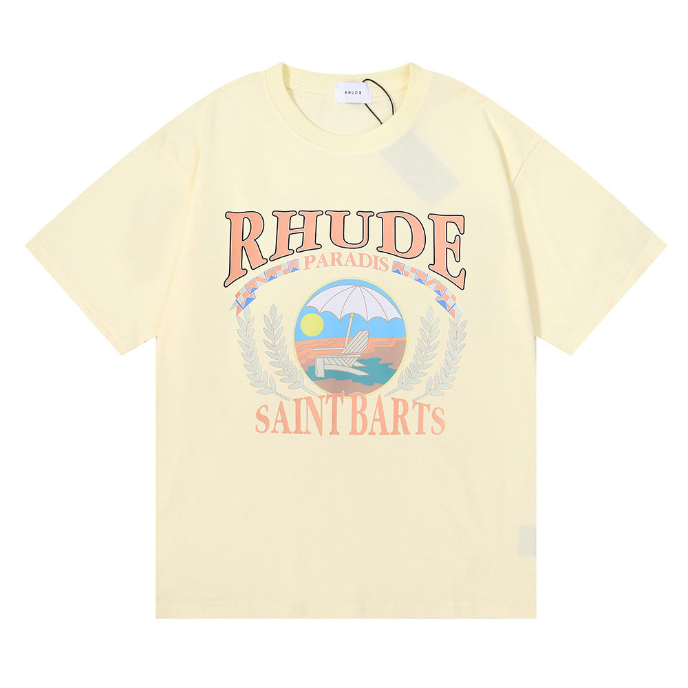 Rhude T-shirt Wheat Ear Sunset Beach Pattern Printed Short Sleeve T-shirt