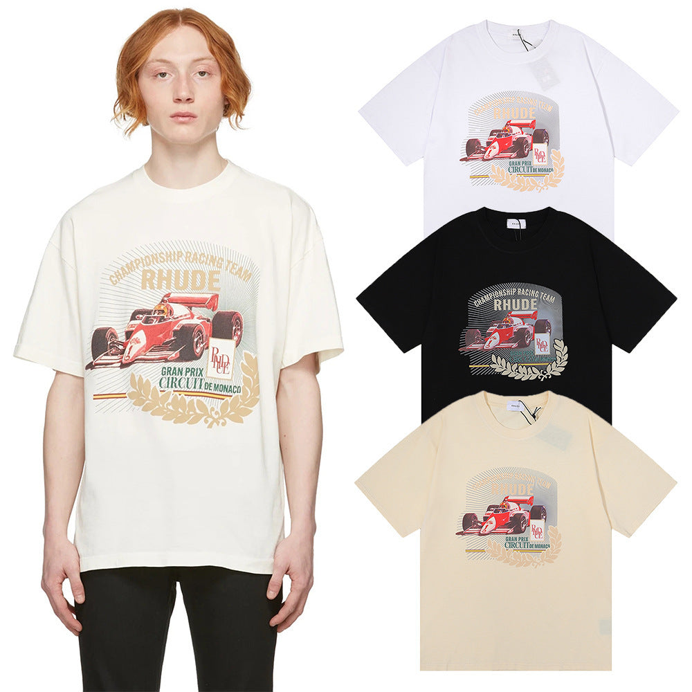 Rhude T-shirt Micro Label Letter F1 Racing Printed Short Sleeve T-shirt Loose Half Sleeve Shirt