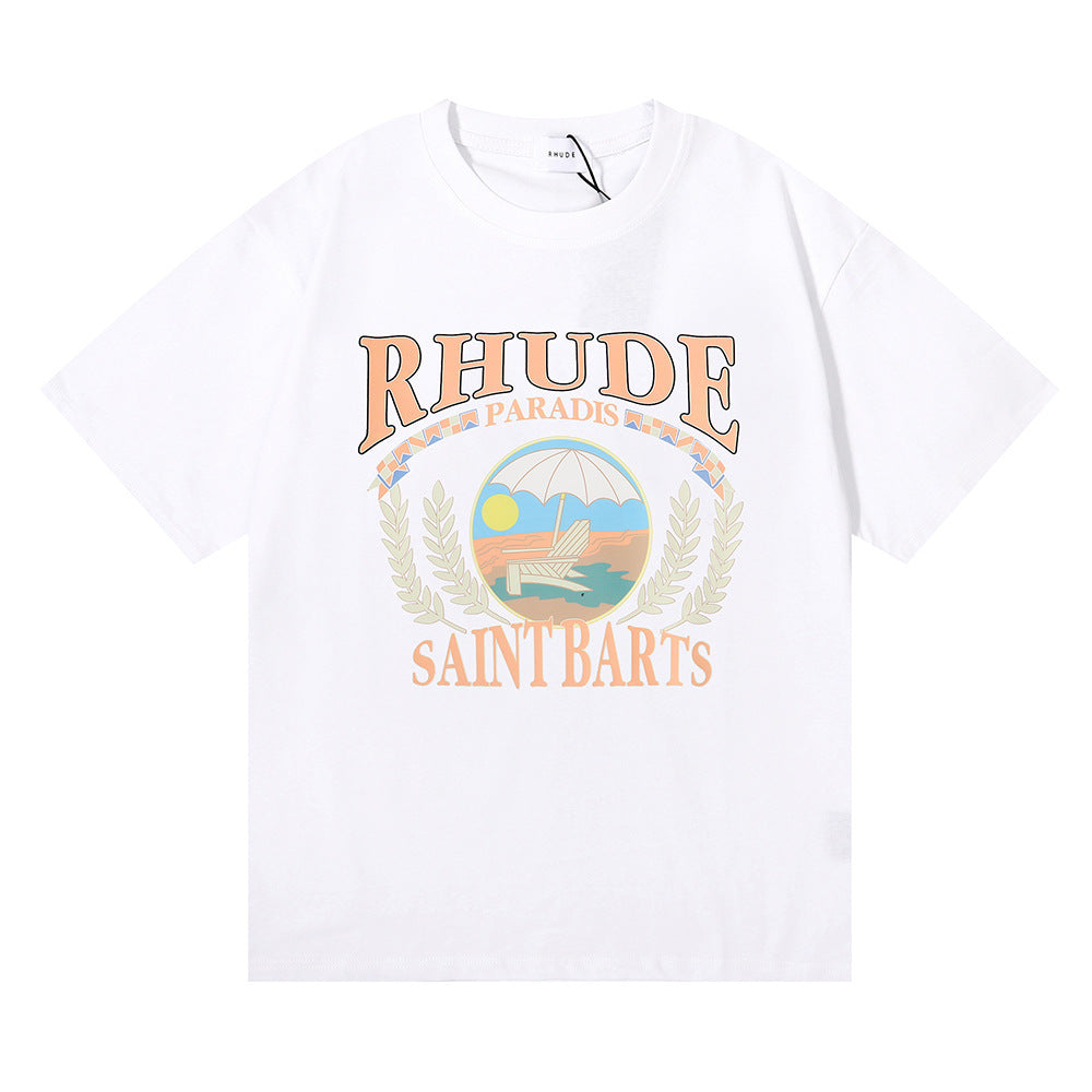 Rhude T-shirt Wheat Ear Sunset Beach Pattern Printed Short Sleeve T-shirt