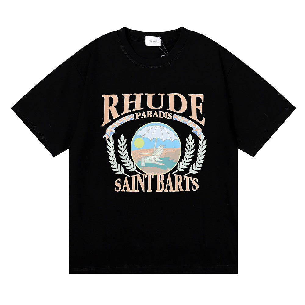 Rhude T-shirt Wheat Ear Sunset Beach Pattern Printed Short Sleeve T-shirt