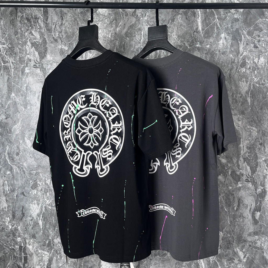 Chrome Heart T Shirts Cross Leather Print Short Sleeve T-Shirt Loose