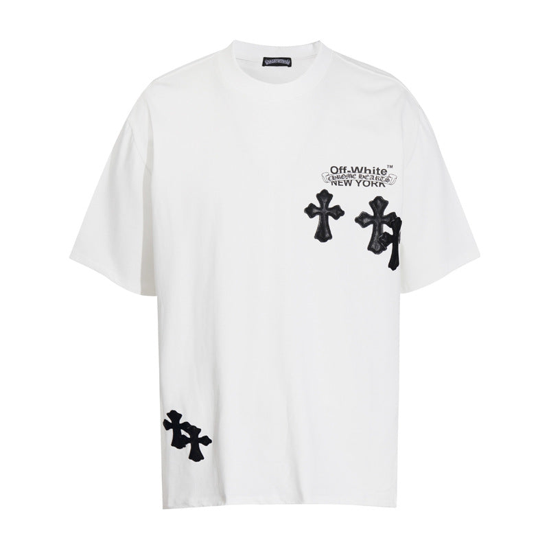 Chrome Heart T Shirts Cross Color Leather Printed Short Sleeve T-Shirt Loose