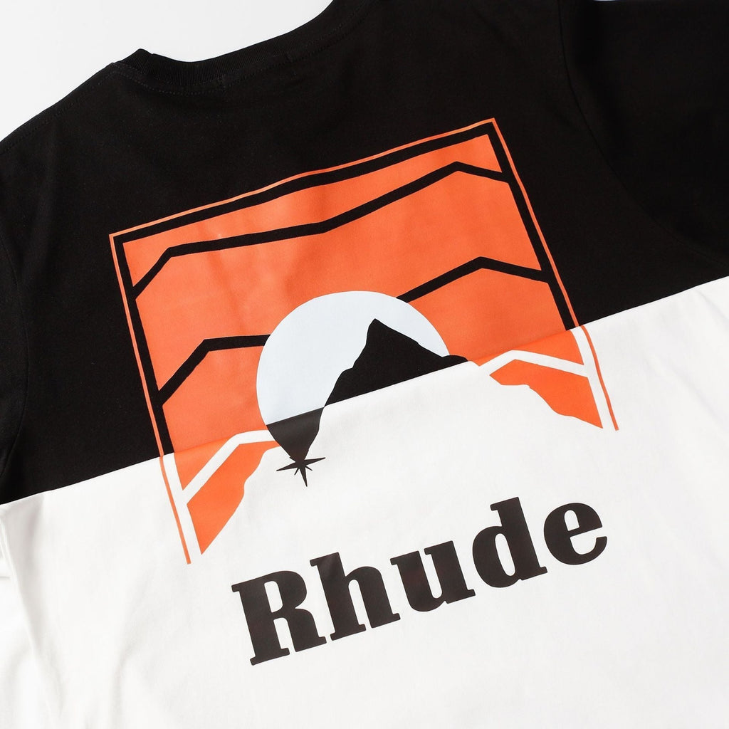 Rhude T-shirt Striped Sunset Snow Mountain Print Short Sleeve T-shirt