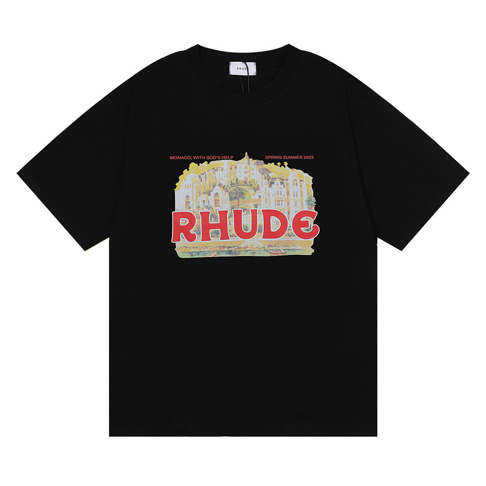 Rhude T-shirt Micro Label Castle Letter Logo Pattern Short Sleeve T-shirt Loose