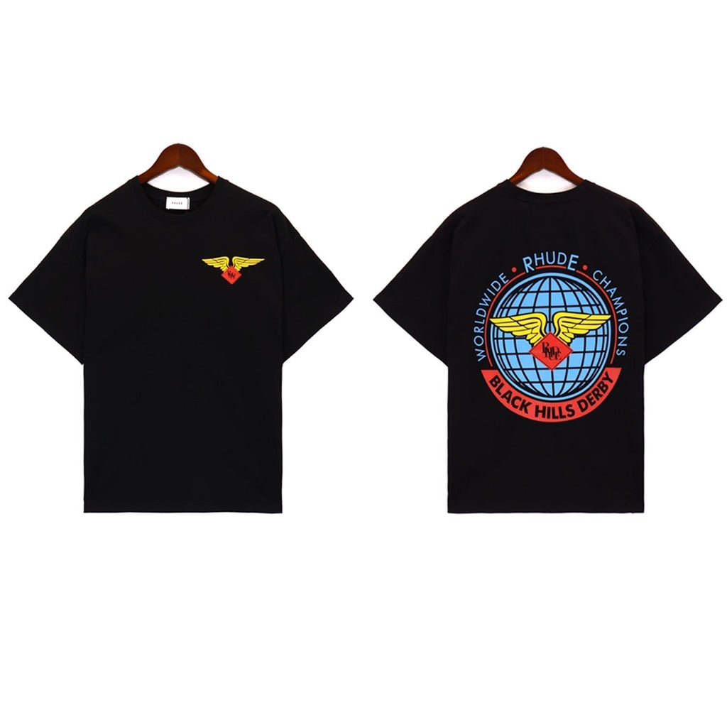 Rhude T-shirt Label Wings Alphabet Earth Print Short Sleeve T-shirt