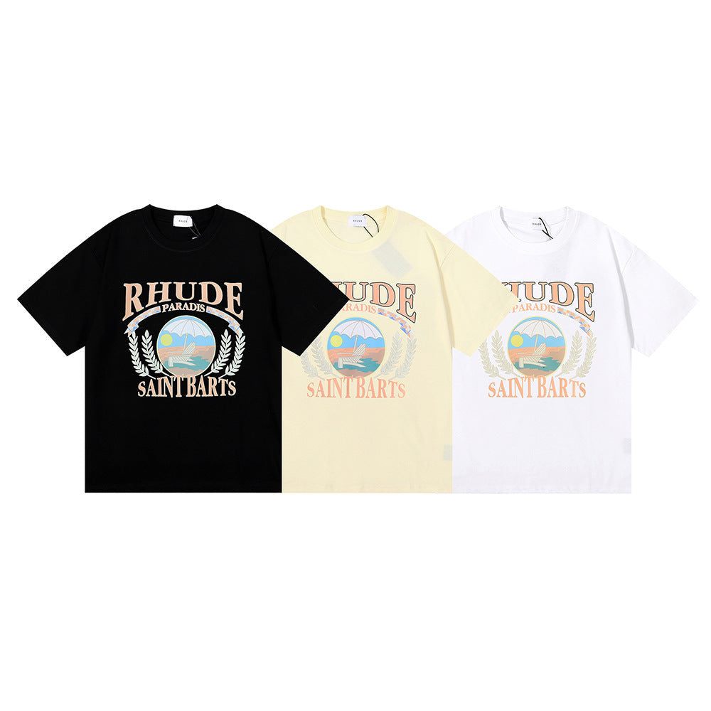 Rhude T-shirt Wheat Ear Sunset Beach Pattern Printed Short Sleeve T-shirt