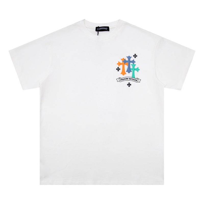Chrome Heart T Shirts Cross Leather Print Short Sleeve T-Shirt Loose