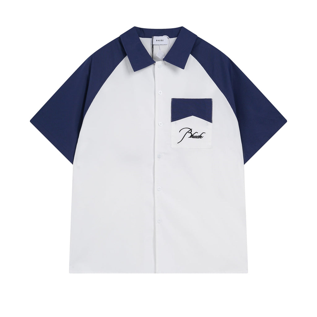 Rhude T-shirt Pocket Letter Embroidery Color Matching Short Sleeve Shirt