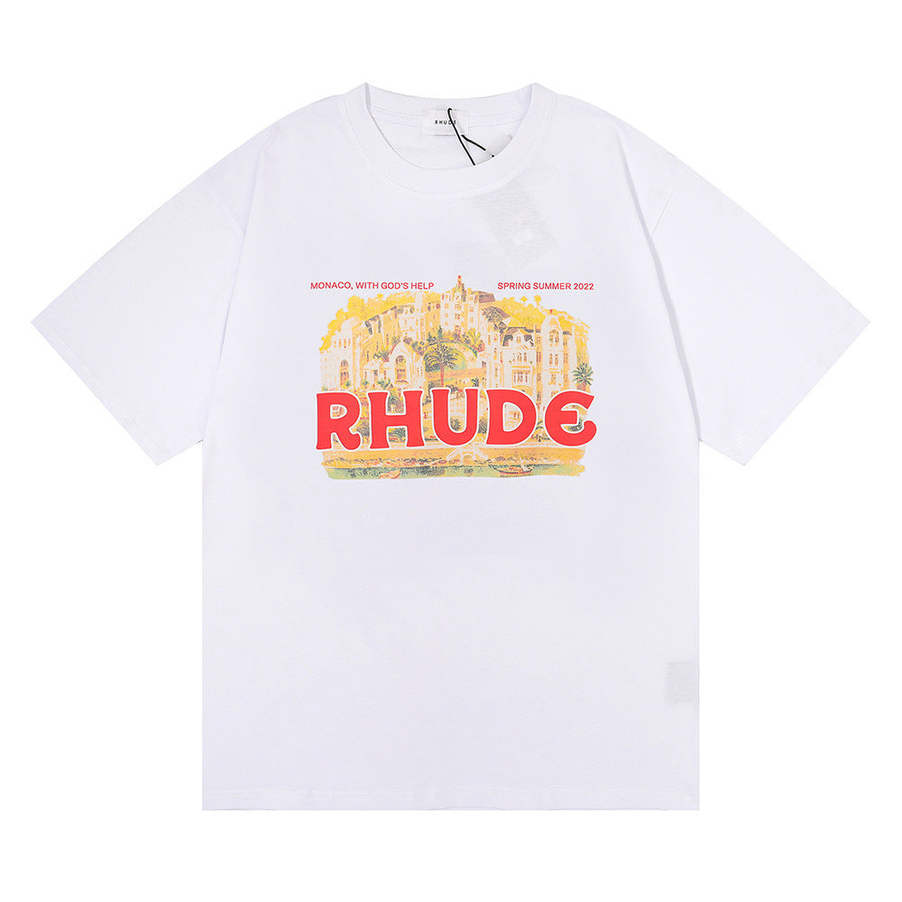 Rhude T-shirt Micro Label Castle Letter Logo Pattern Short Sleeve T-shirt Loose