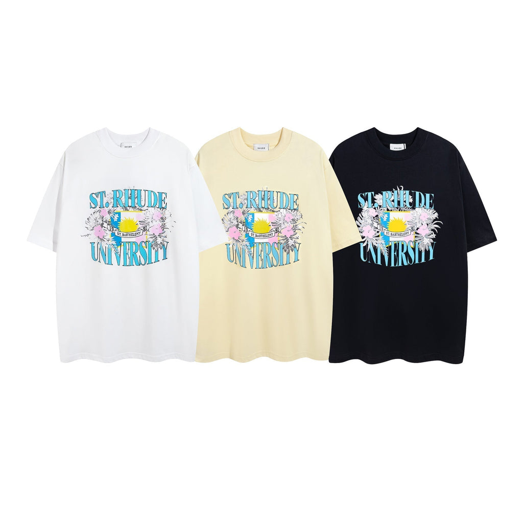 Rhude T-shirt Micro Label Flower Letter Print Pattern Short Sleeve T-shirt
