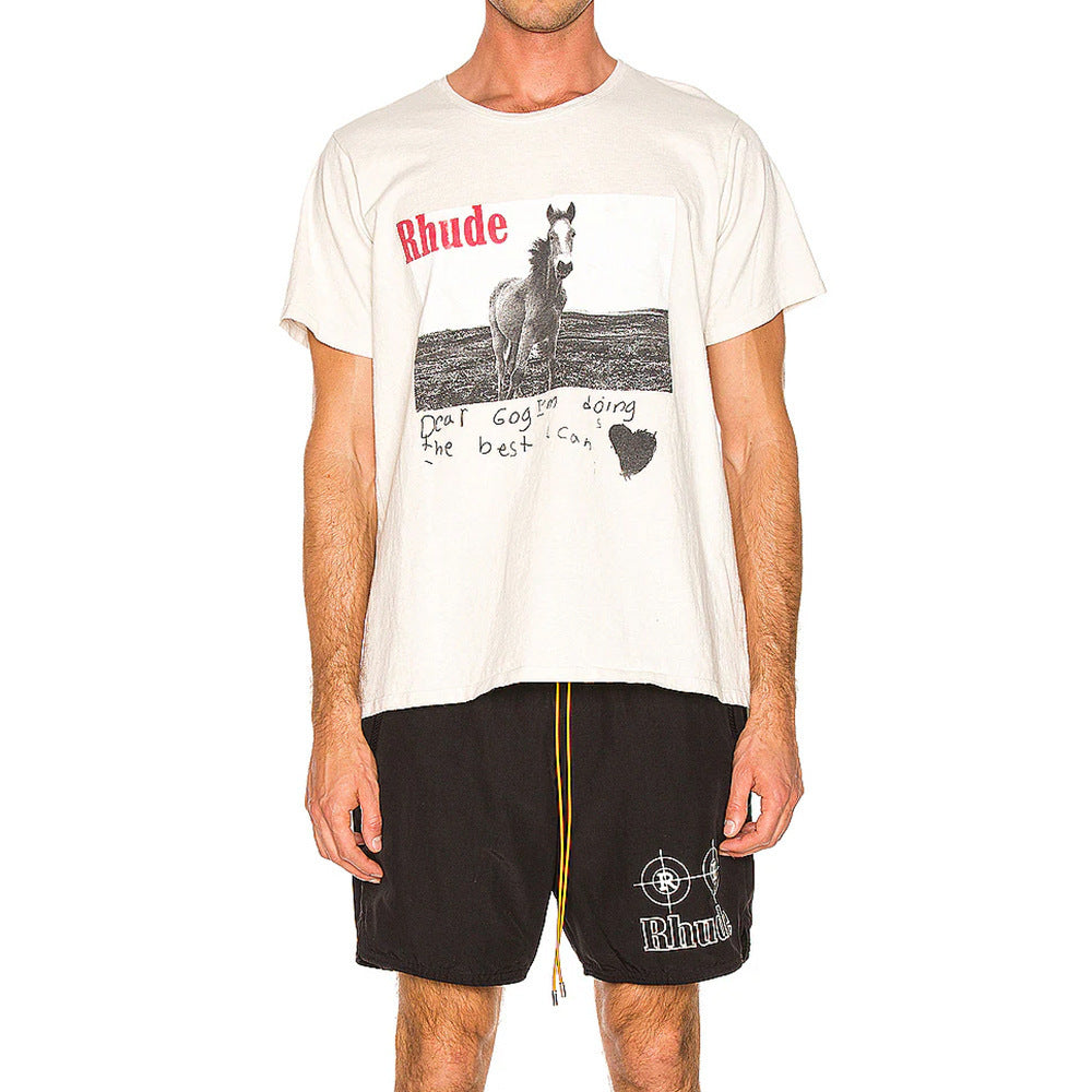 Rhude T-shirt Micro Label Alphabet Horse Print Short Sleeve T-shirt