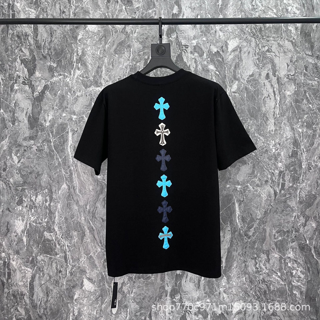 Chrome Heart T Shirts Cross Leather Print Short Sleeve T-Shirt Loose