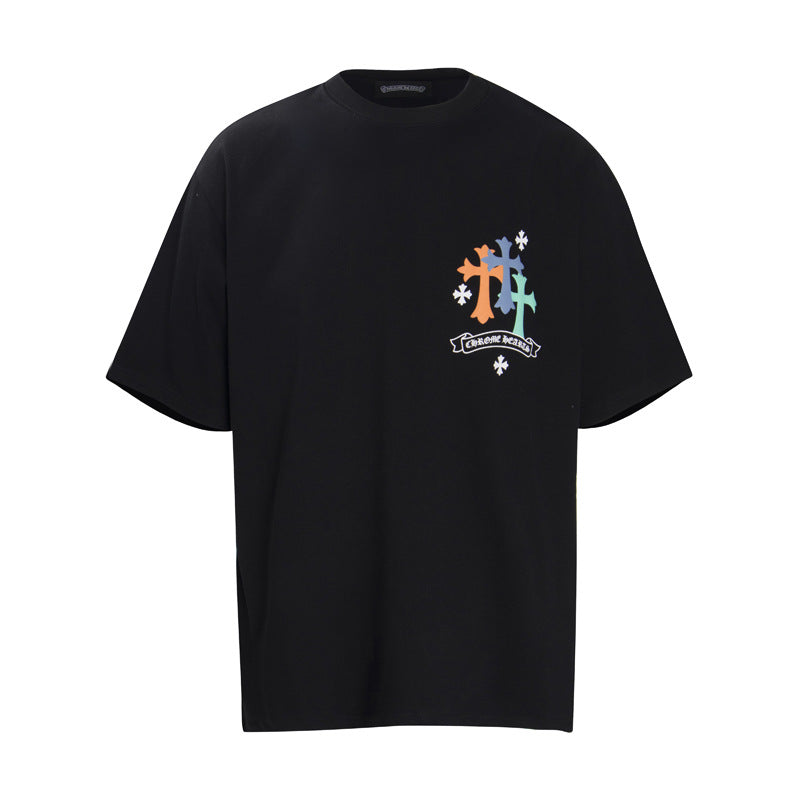 Chrome Heart T Shirts Cross Leather Print Short Sleeve T-Shirt Loose
