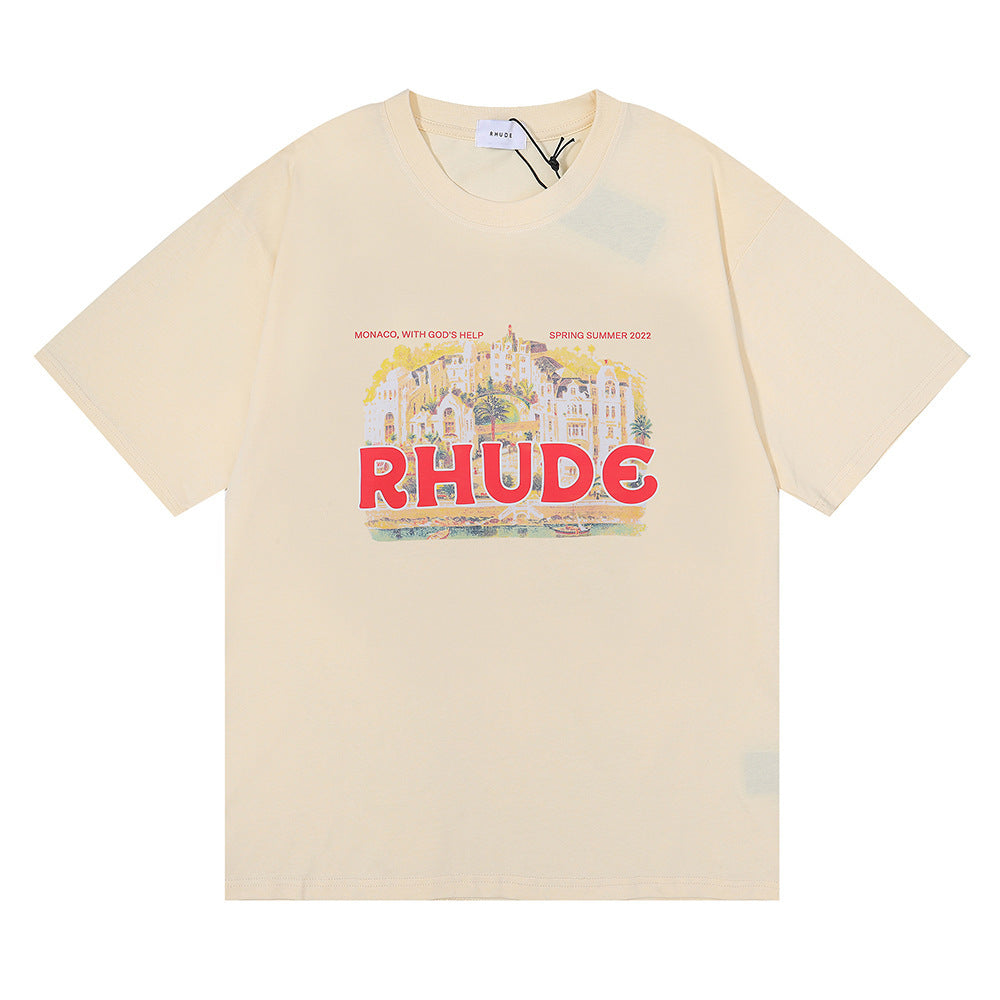 Rhude T-shirt Micro Label Castle Letter Logo Pattern Short Sleeve T-shirt Loose