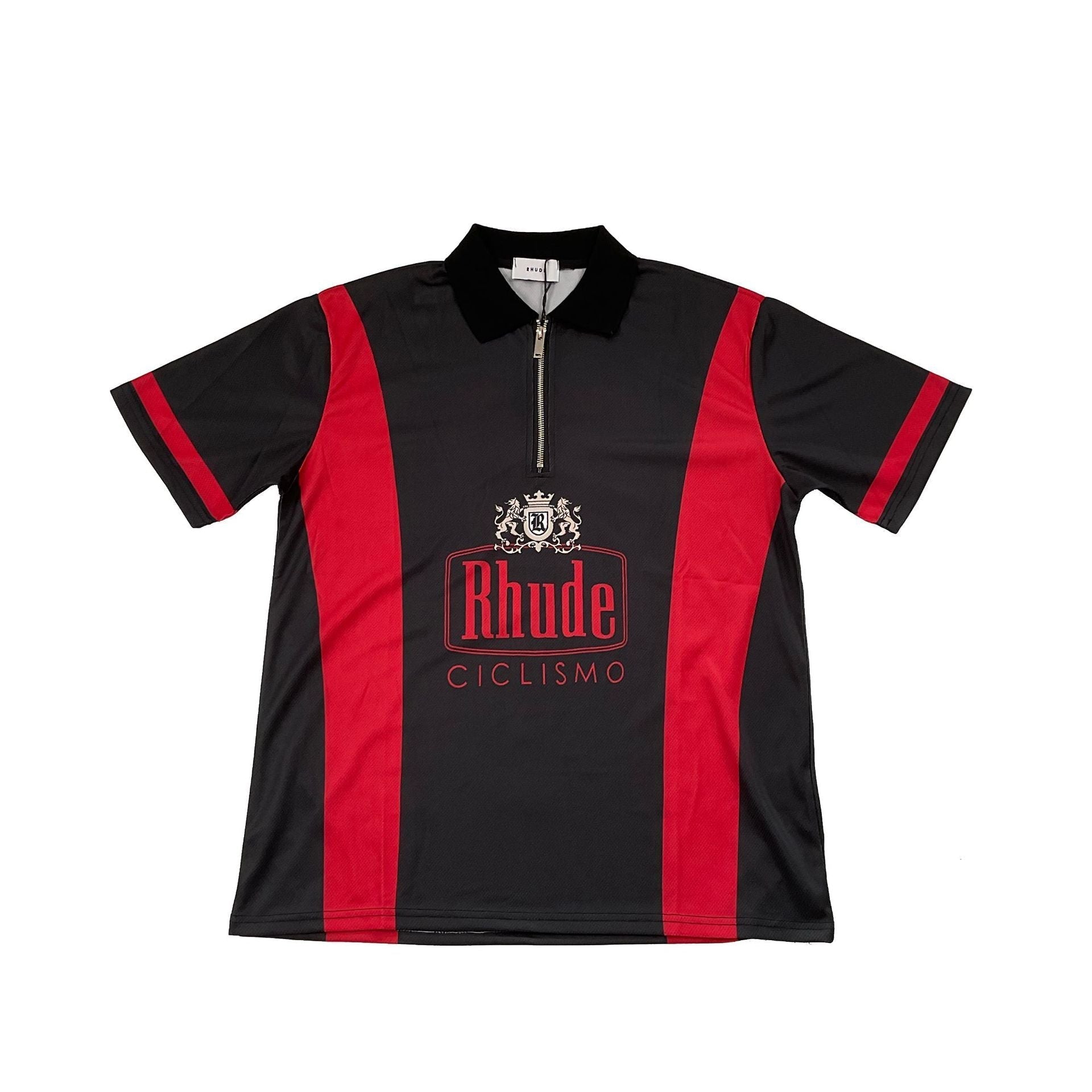 Rhude T-shirt Cross-border European and American trendy brand RHUDE badge letter half zipper mesh lapel short-sleeved T-shirt men's and women's high street polo shirt