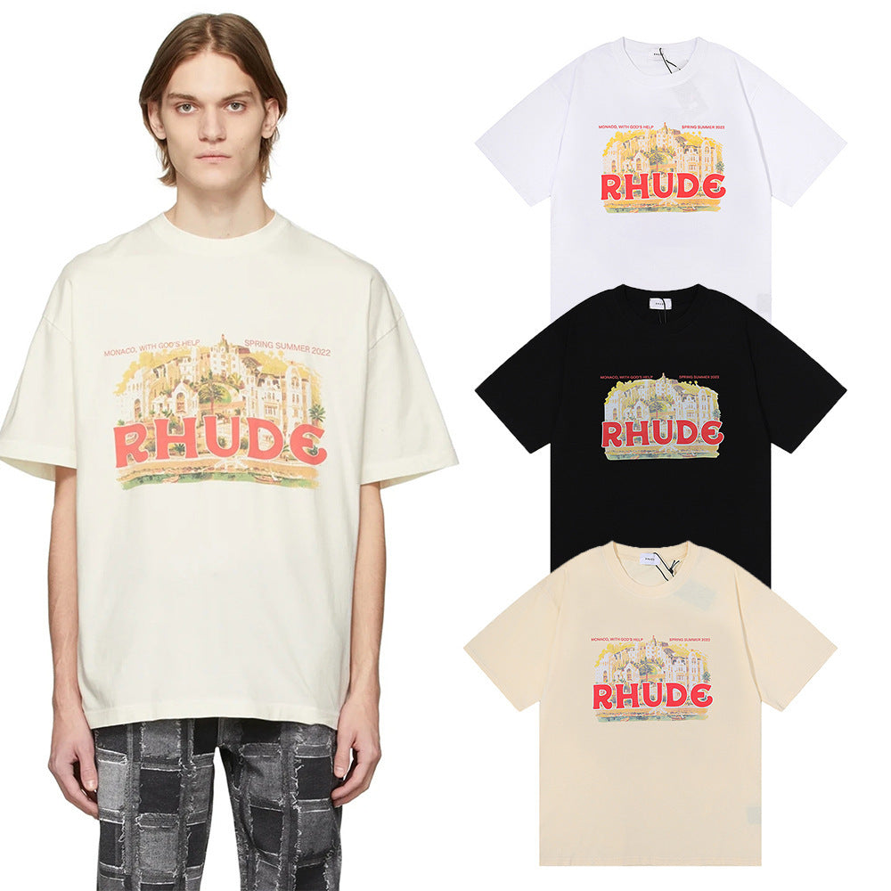 Rhude T-shirt Micro Label Castle Letter Logo Pattern Short Sleeve T-shirt Loose