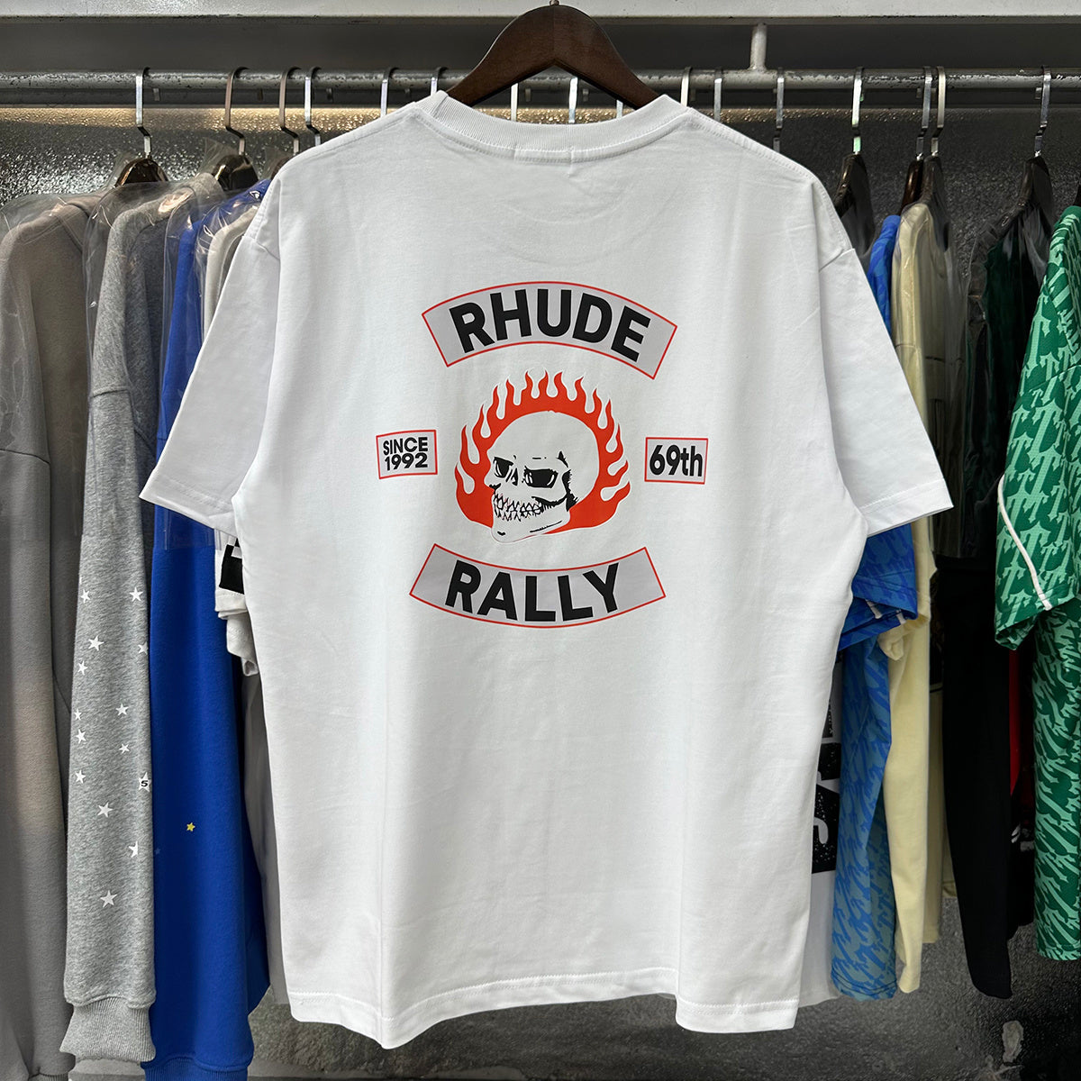 Rhude T-shirts Flame Death Knight Skull Print Cotton Casual Short Sleeve Men and Women