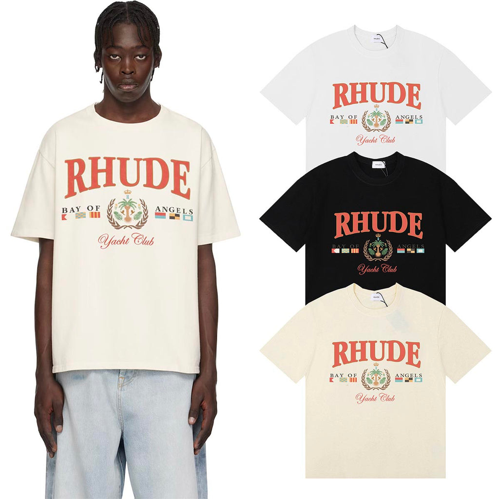 Rhude T-shirts Flag Badge Cotton Casual Short Sleeve Men and Women
