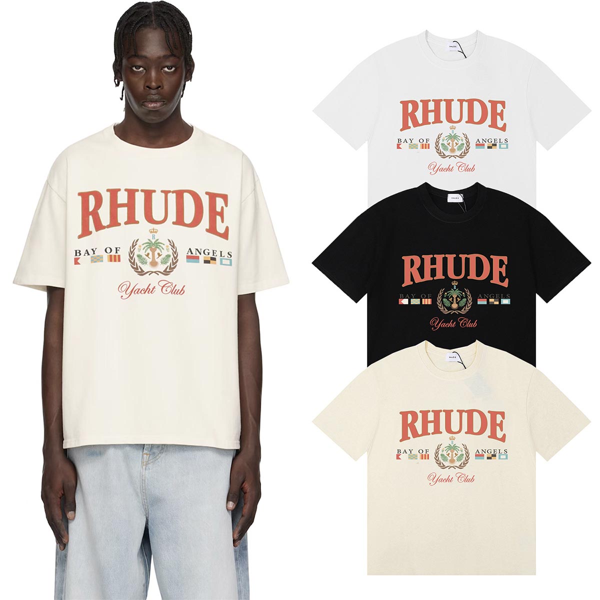 Rhude T-shirts Flag Badge Cotton Casual Short Sleeve Men and Women