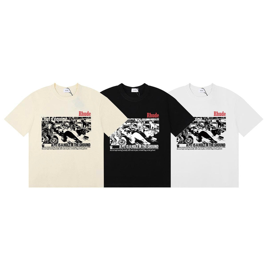 Rhude T-shirts Racing Tire Change Scene Printed Cotton Casual Short Sleeves Men and Women