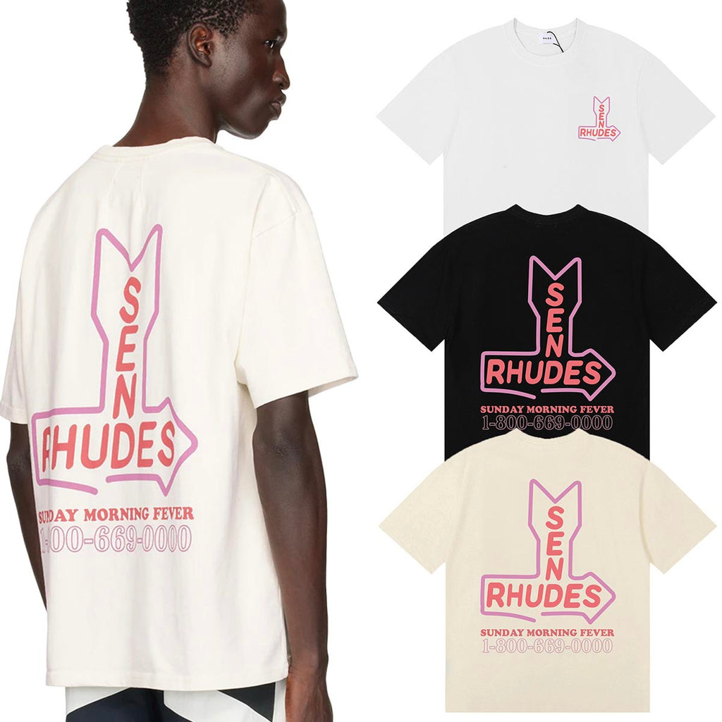 Rhude T-shirts Sunday Morning Fever Pink Arrow Print Men's and Women's Crew Neck Short Sleeves