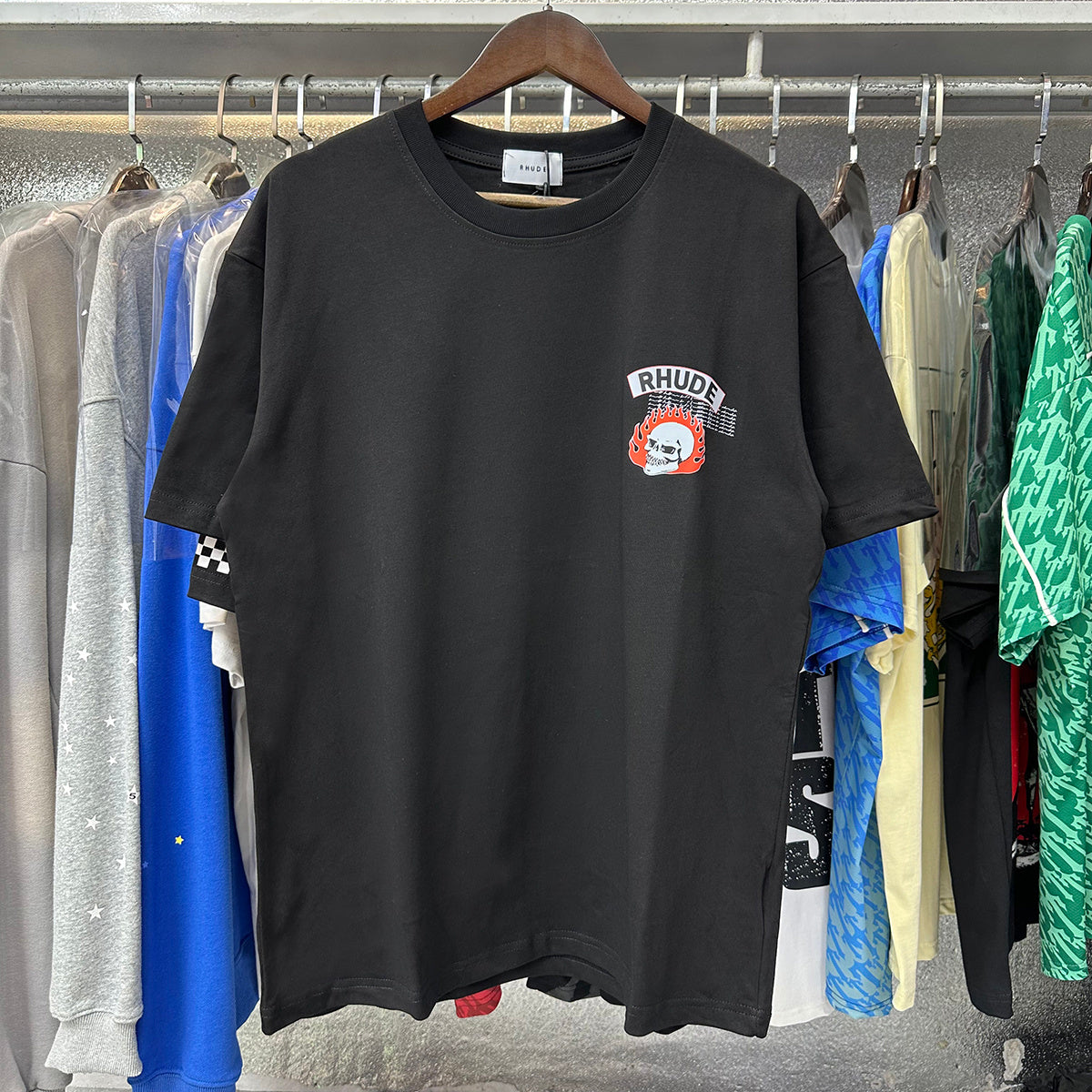 Rhude T-shirts Flame Death Knight Skull Print Cotton Casual Short Sleeve Men and Women