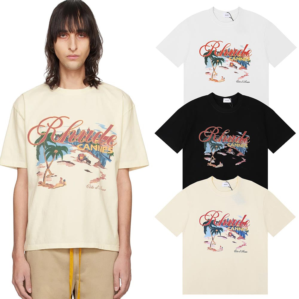 Rhude T-shirts Cannes Beach Coconut Printing Cotton Casual Short Sleeves Men and Women