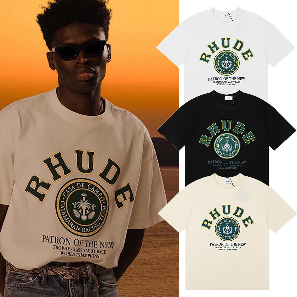 Rhude T-shirts Green Print Loose Casual Short Sleeve Men and Women