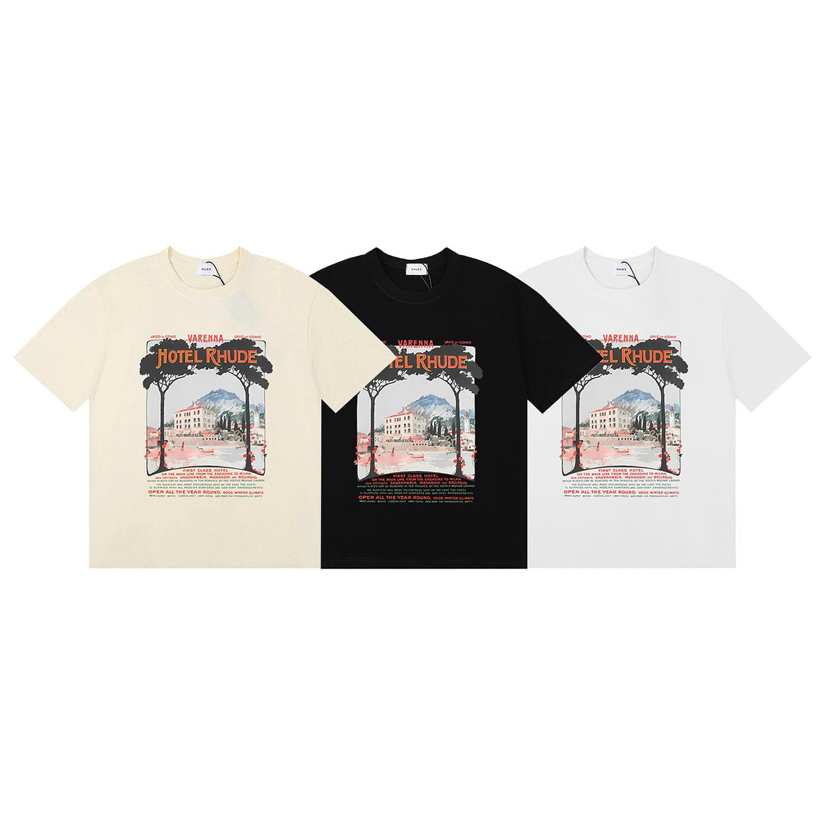 Rhude T-shirts Varenna Town Printed Cotton Casual Short Sleeves Men and Women