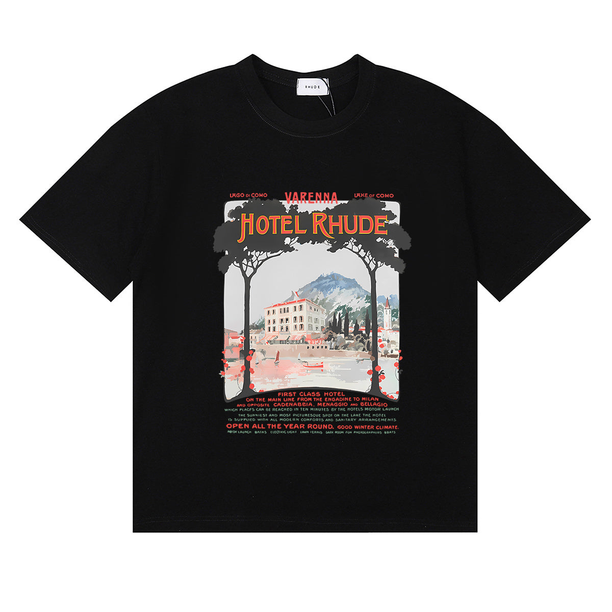 Rhude T-shirts Varenna Town Printed Cotton Casual Short Sleeves Men and Women