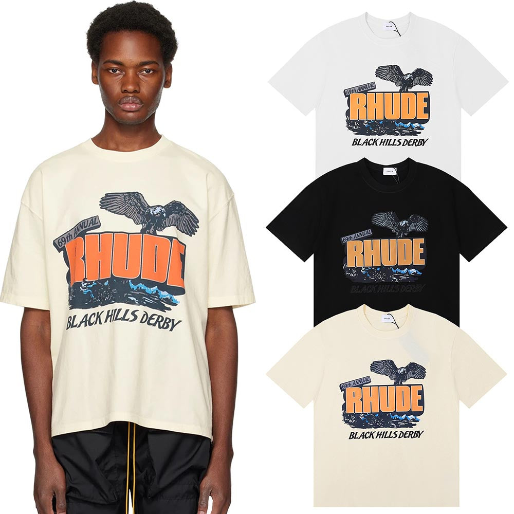 Rhude T-shirts Black Shadow Print Cotton Casual Short Sleeve Men and Women