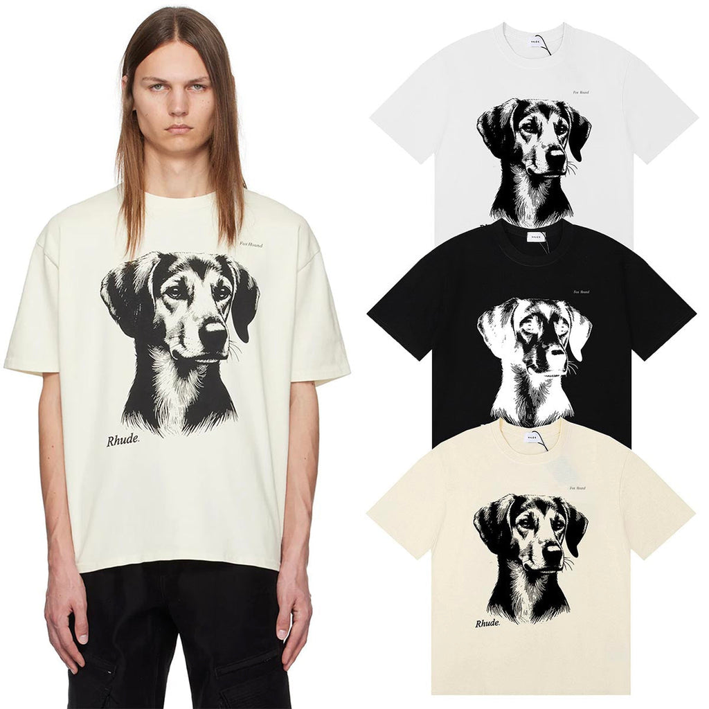 Rhude T-shirts Fox Hound Cotton Casual Short Sleeve Men and Women