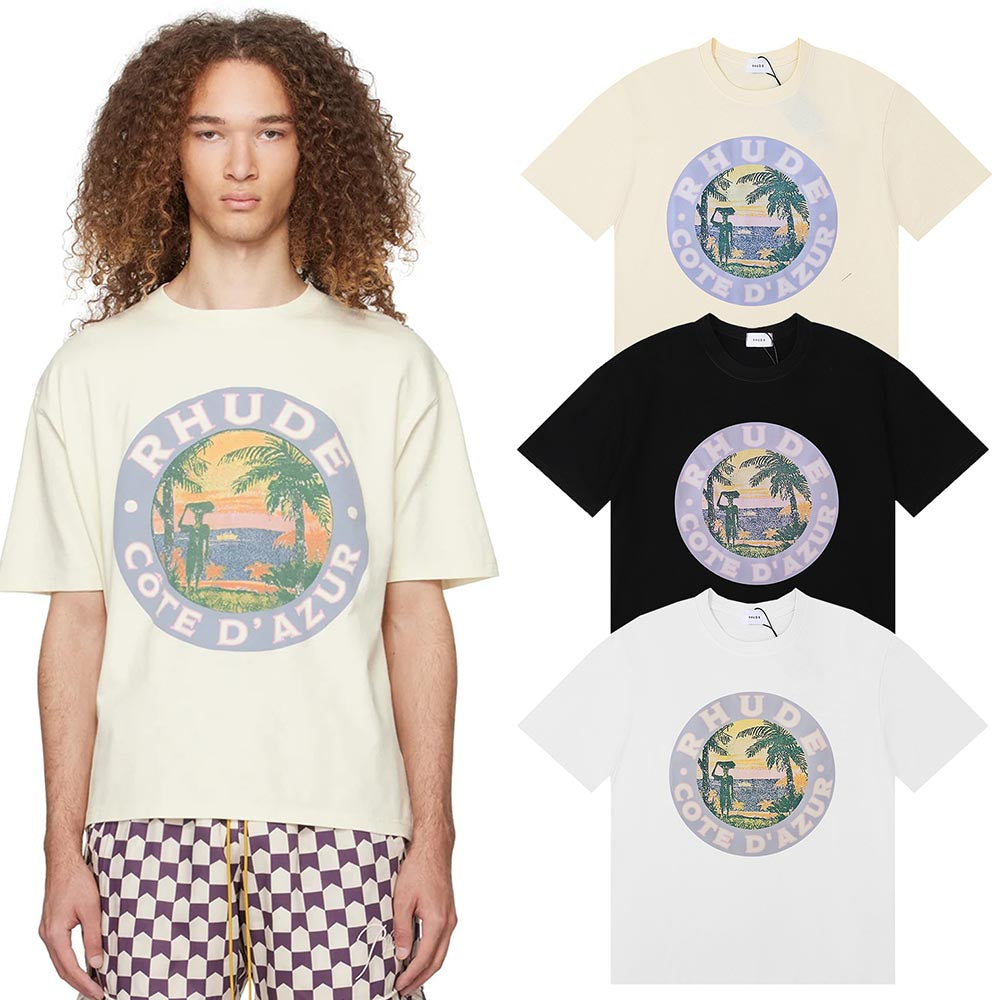 Rhude T-shirts Lake Coconut Landscape Print Cotton Casual Short Sleeve Men and Women