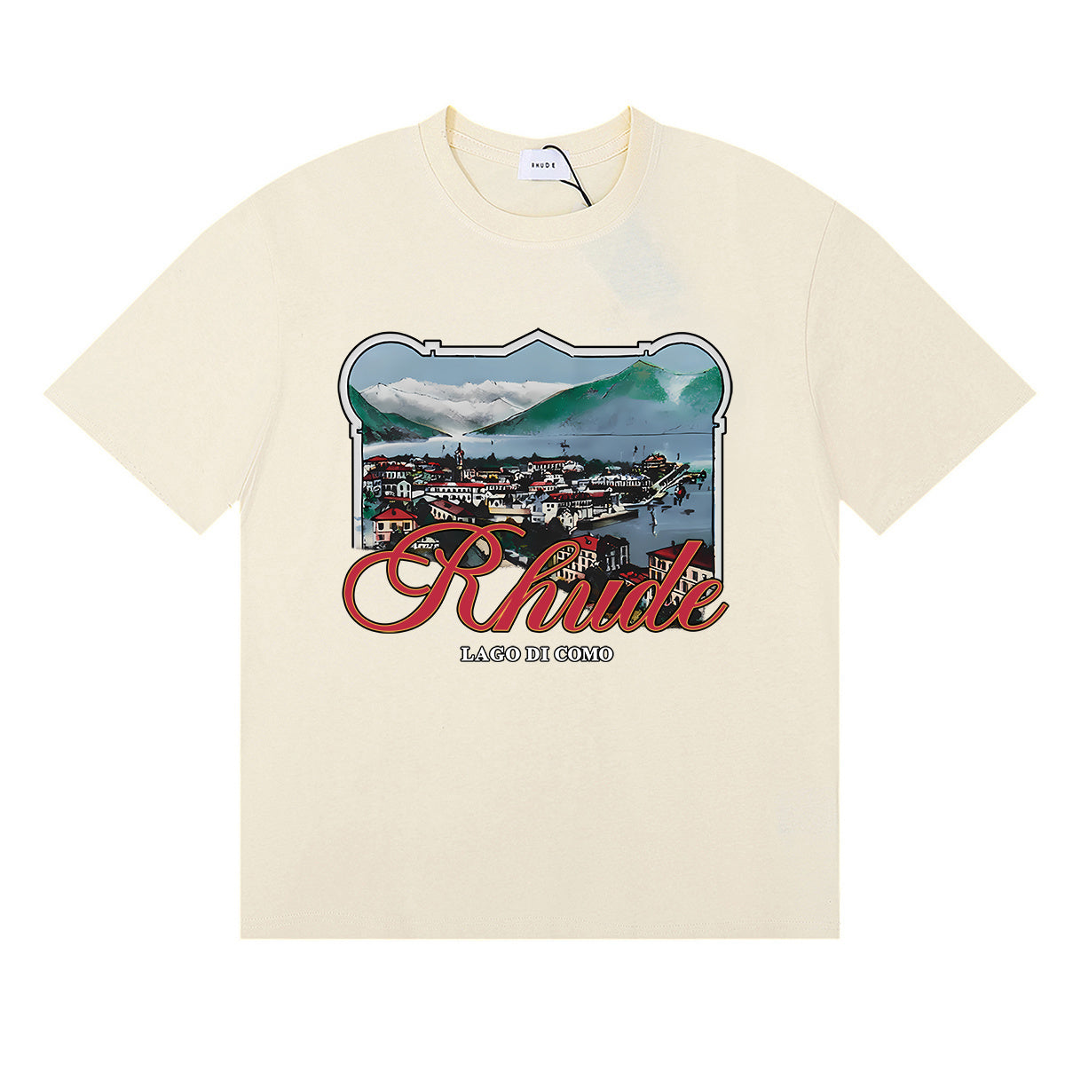 Rhude T-shirts Lake Como Lakeside Town Printed Cotton Casual Short Sleeves Men and Women