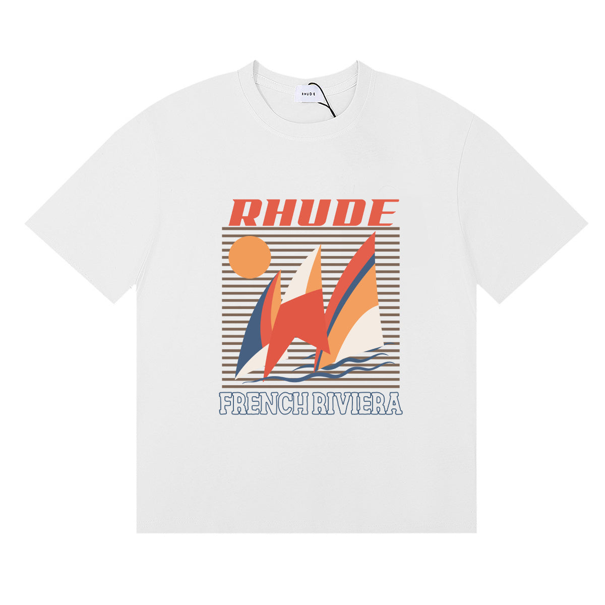 Rhude T-shirts Sailing Sunset Print Cotton Casual Crew Neck Short Sleeve Men and Women