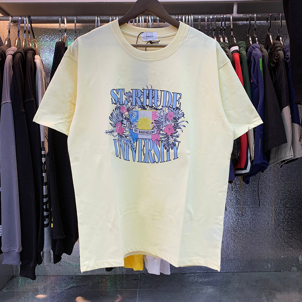 Rhude T-shirts Flag Floral Print Cotton Casual Loose Short Sleeve Men and Women