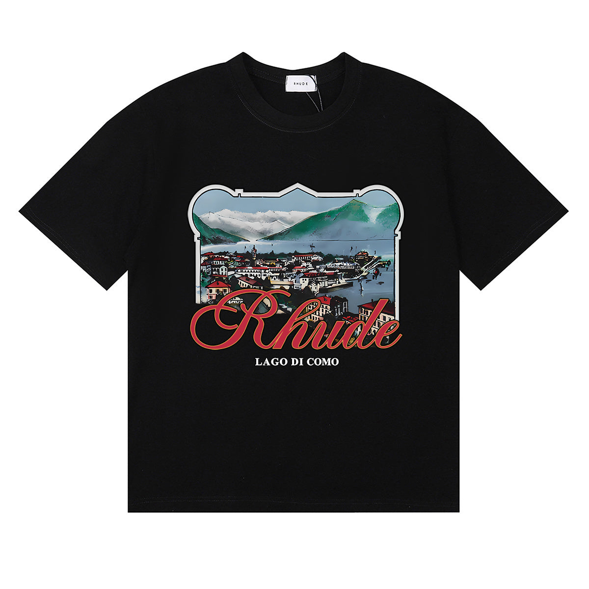 Rhude T-shirts Lake Como Lakeside Town Printed Cotton Casual Short Sleeves Men and Women