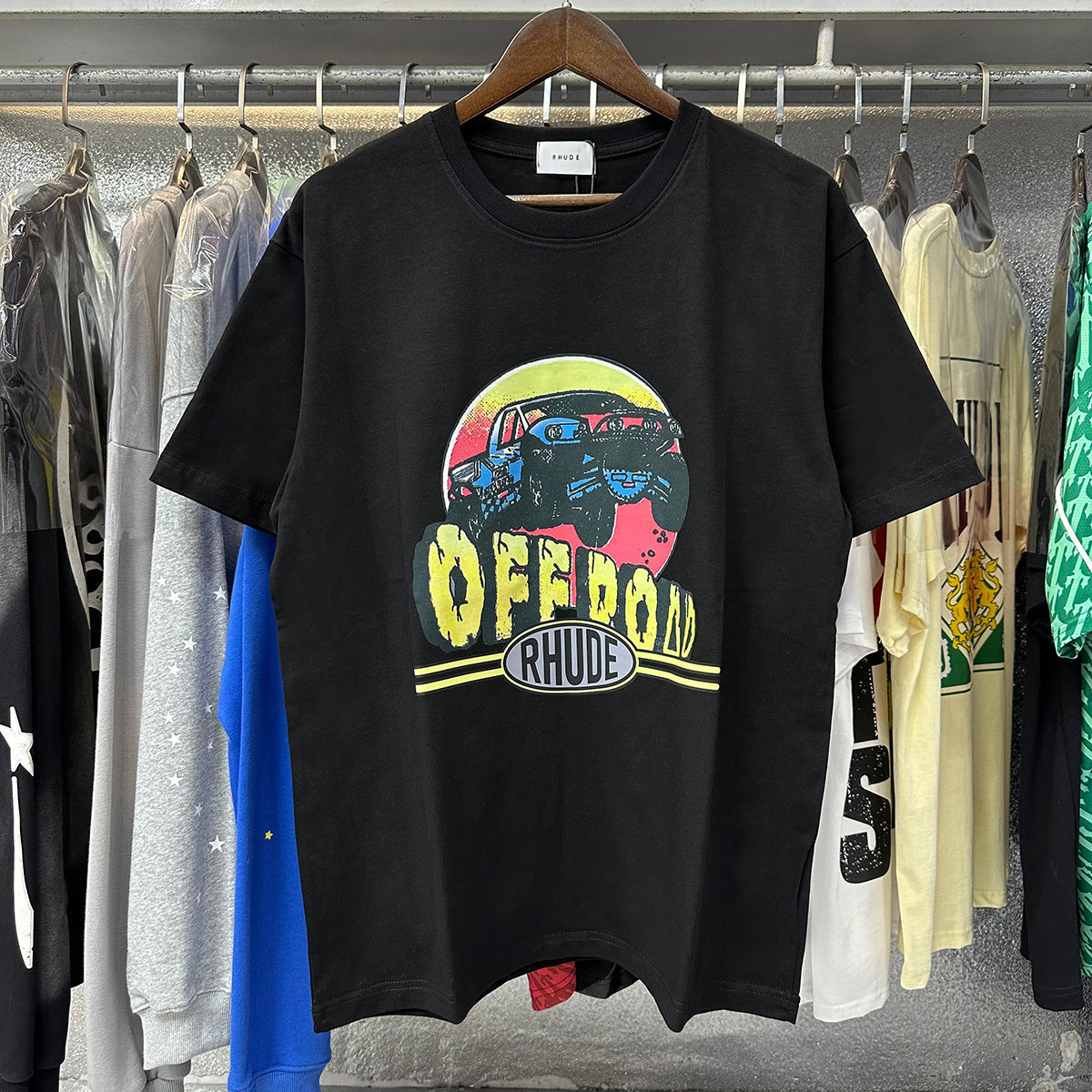 Rhude T-shirts Off-Road Vehicle Printed Cotton Casual Short Sleeve Men and Women
