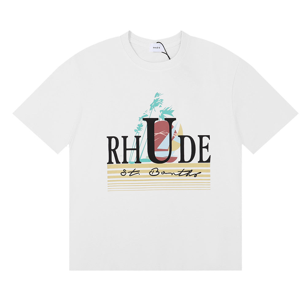 Rhude T-shirts Coconut Sunset Sailing Printing Cotton Casual Loose Short Sleeve Men and Women