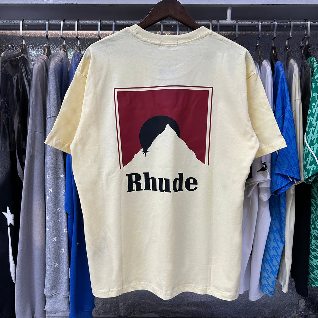 Rhude T-shirts Red Sunset Print Cotton Casual Short Sleeve Men and Women