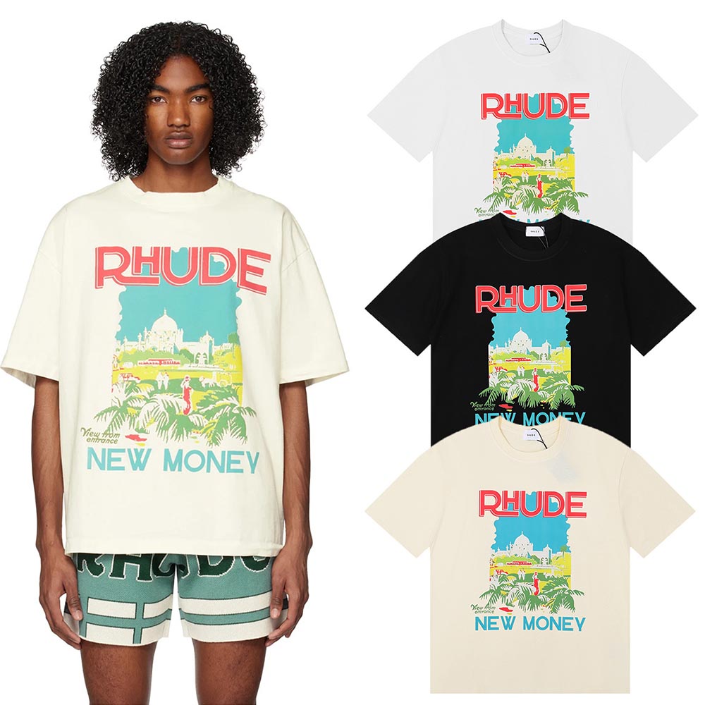 Rhude T-shirts Castle Coconut Windowsill Scenic Cotton Casual Loose Short Sleeve Men and Women